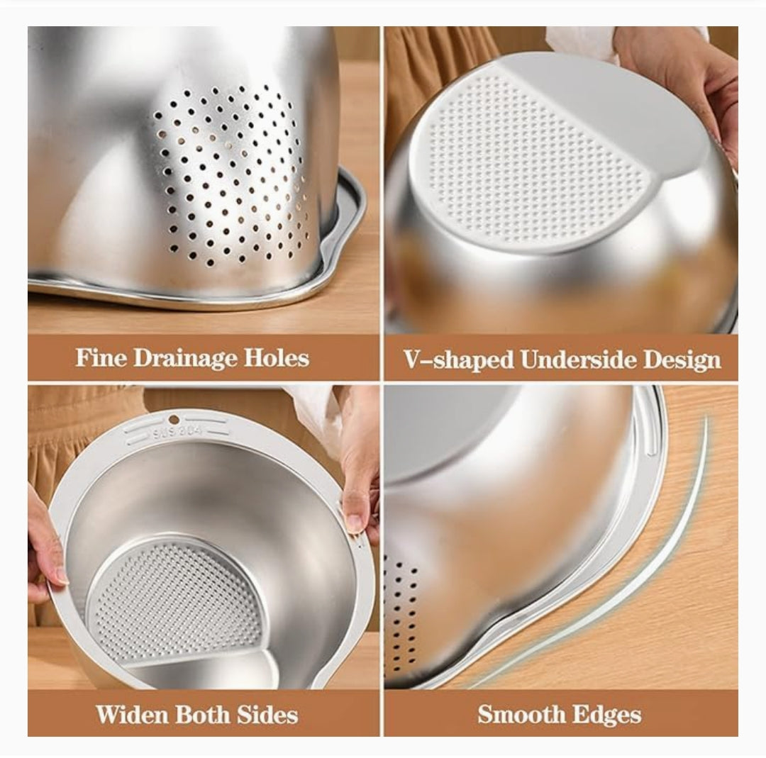 3-in-1 Stainless Steel Colander, Strainer, and Washing Bowl with V-Shaped Underside