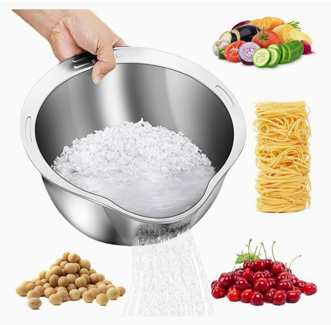 3-in-1 Stainless Steel Colander, Strainer, and Washing Bowl with V-Shaped Underside