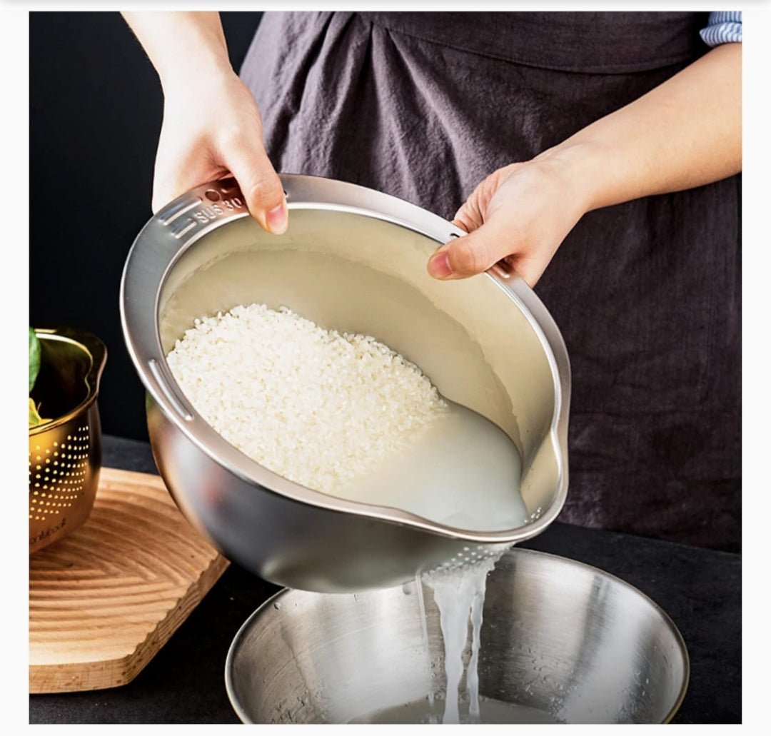 3-in-1 Stainless Steel Colander, Strainer, and Washing Bowl with V-Shaped Underside