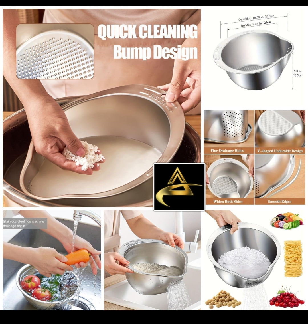 3-in-1 Stainless Steel Colander, Strainer, and Washing Bowl with V-Shaped Underside